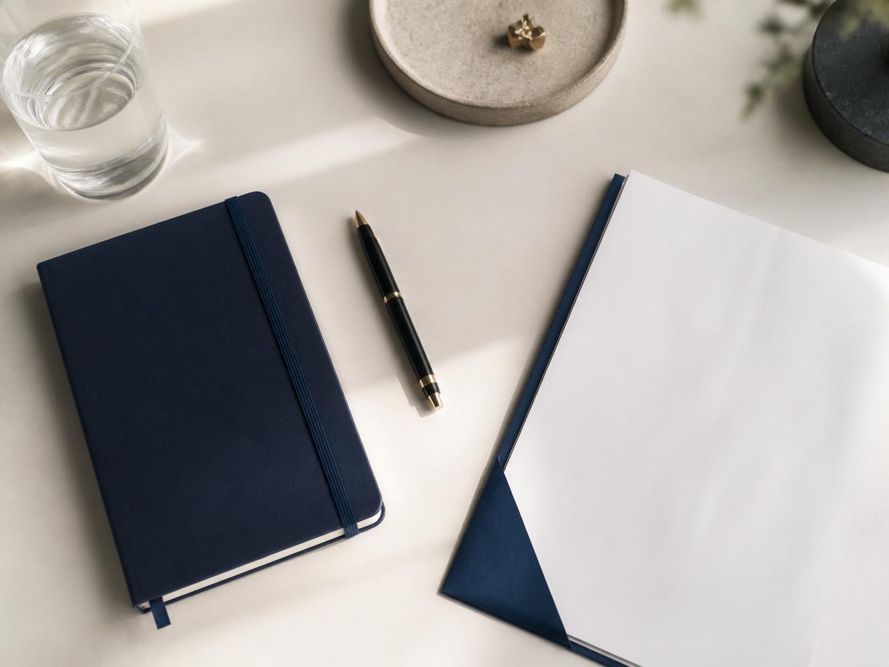 Mesa de trabalho com caderno e documento, representando planejamento e preparação